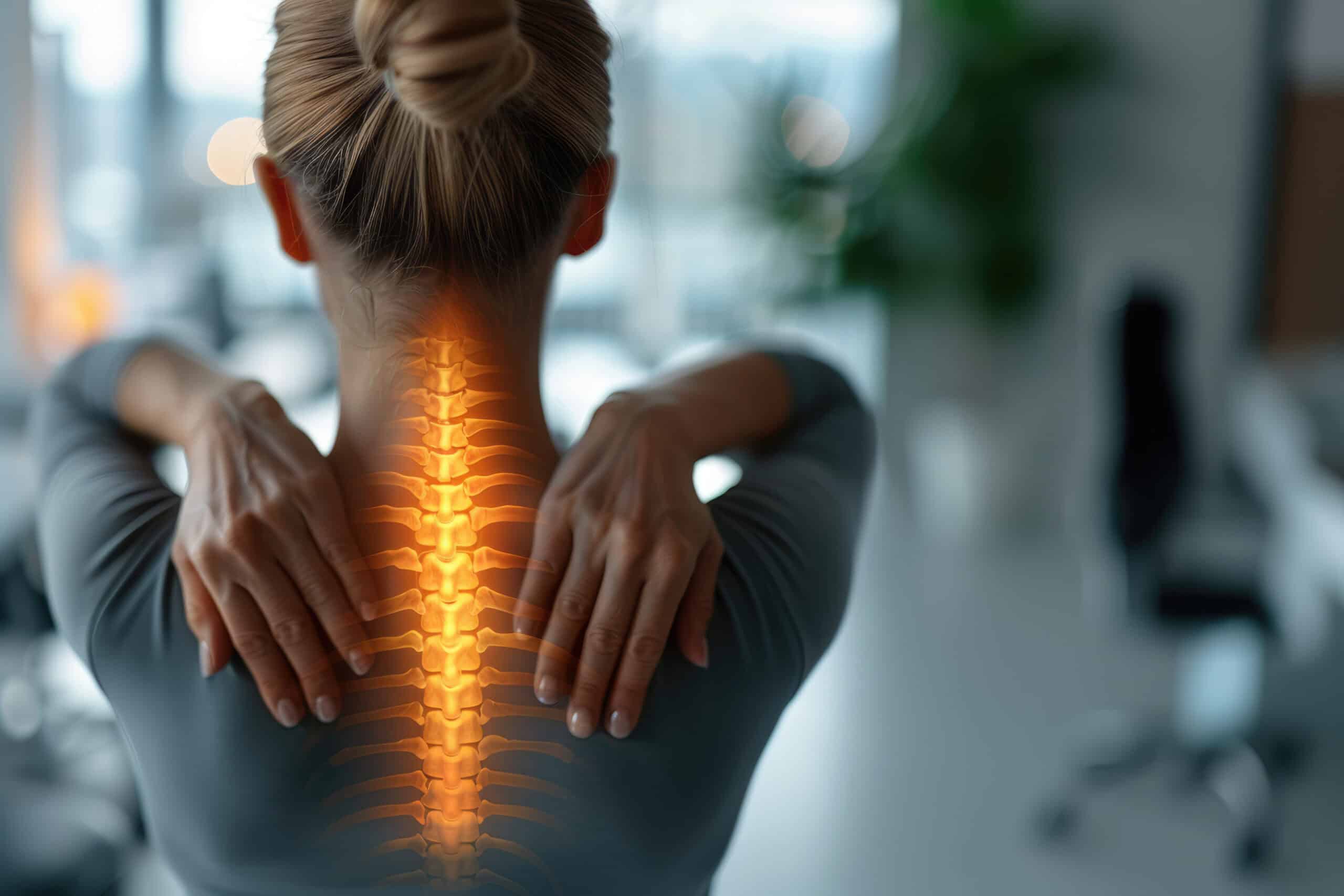 Woman holding her neck with highlighted spine illustration representing pain relief through Tulsa Chiropractic care.